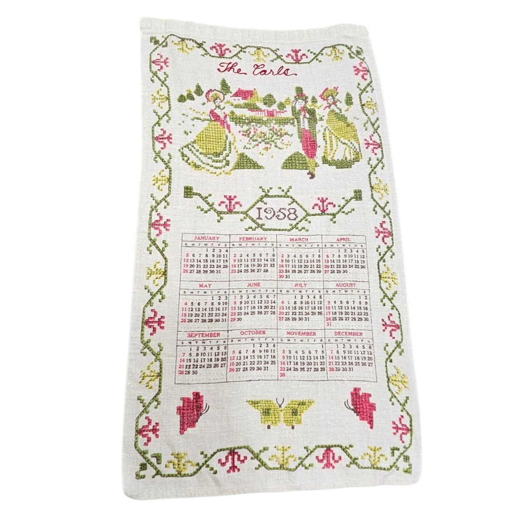 Stevens Calendar Towel 1958 The Earls‎ Vintage Embroidered Wall Hanging Decor